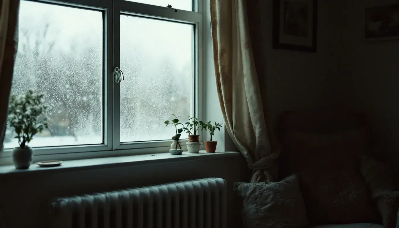 Radiator under a frosted window in a cold, dim living room in winter