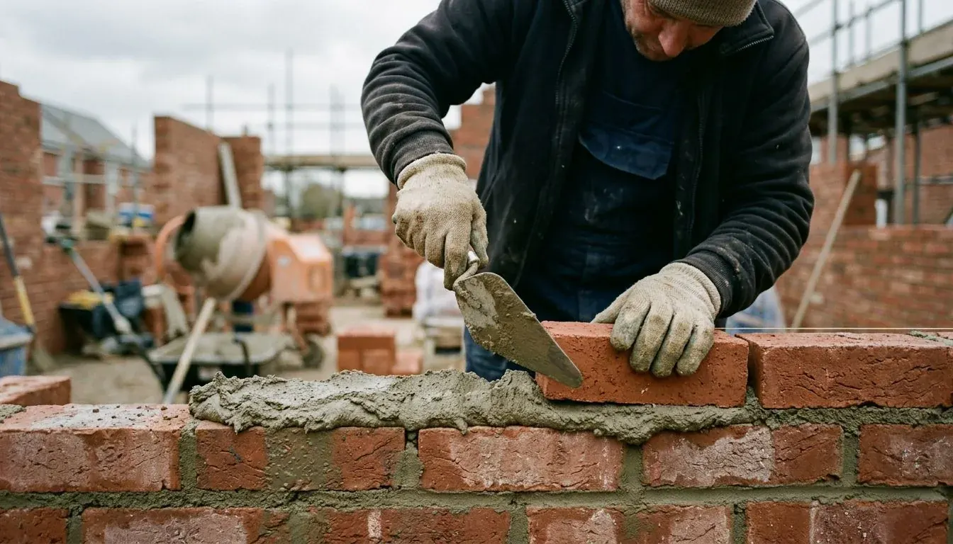 Bricklayer in work gloves laying a red brick on fresh mortar with a trowel on a building site
