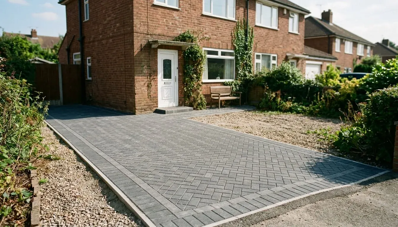 Newly laid grey block-paved driveway in front of a red-brick house