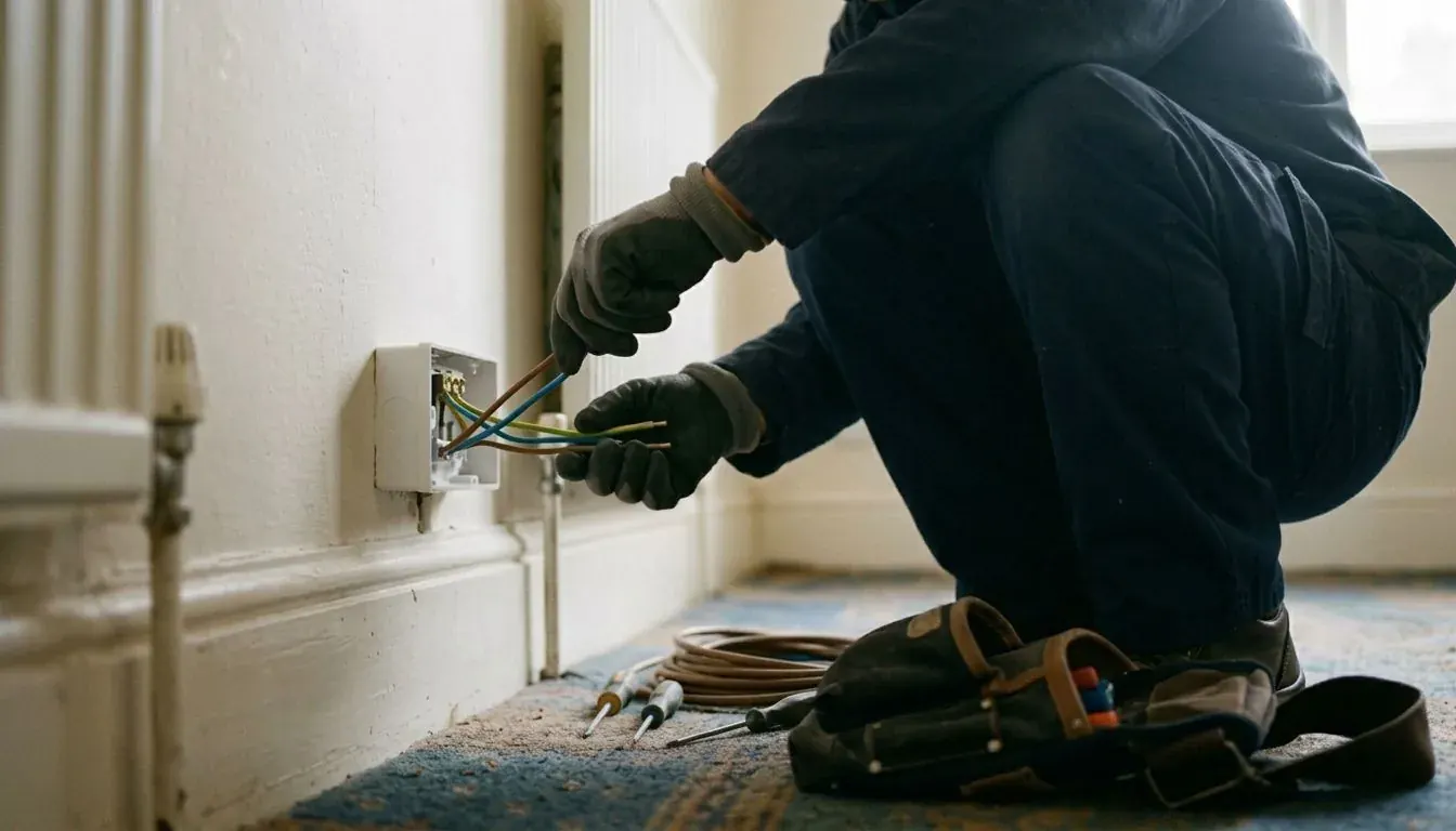 Electrician in dark overalls and work gloves connecting coloured cables at a wall socket
