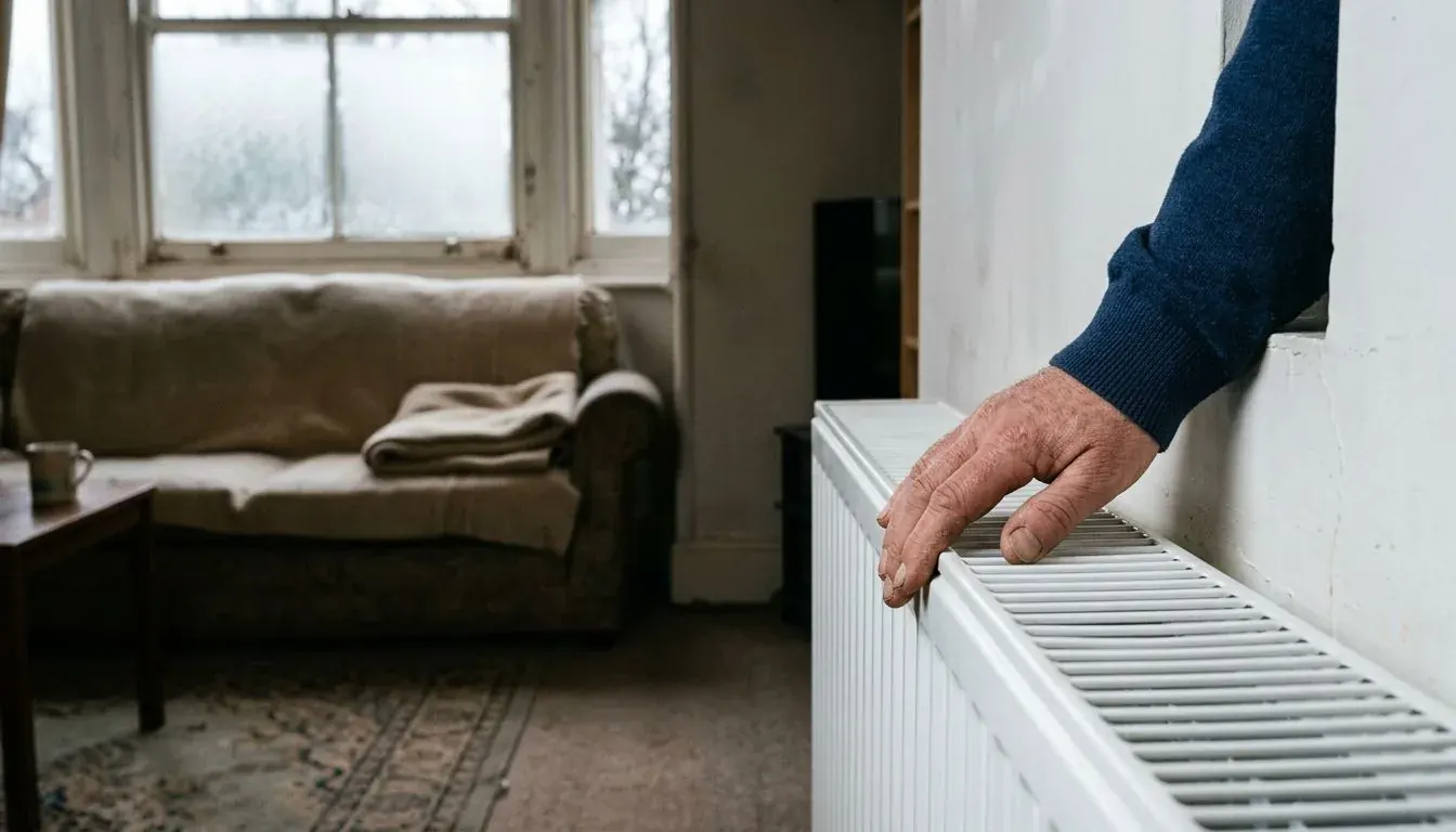 Hand resting on a cold white radiator in a living room with a frosted window and a folded blanket on the sofa