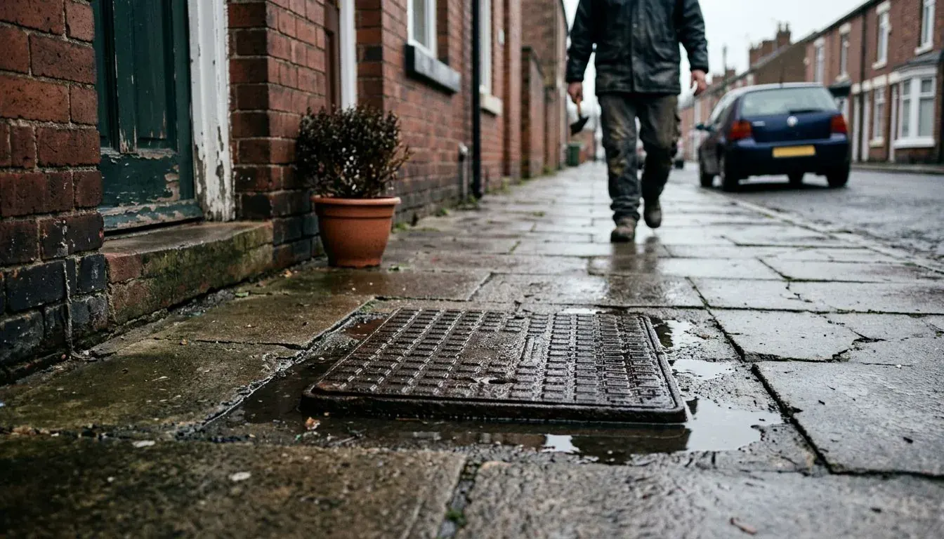 Iron drain cover set in wet paving slabs outside a brick terraced house, with a person in work boots walking away