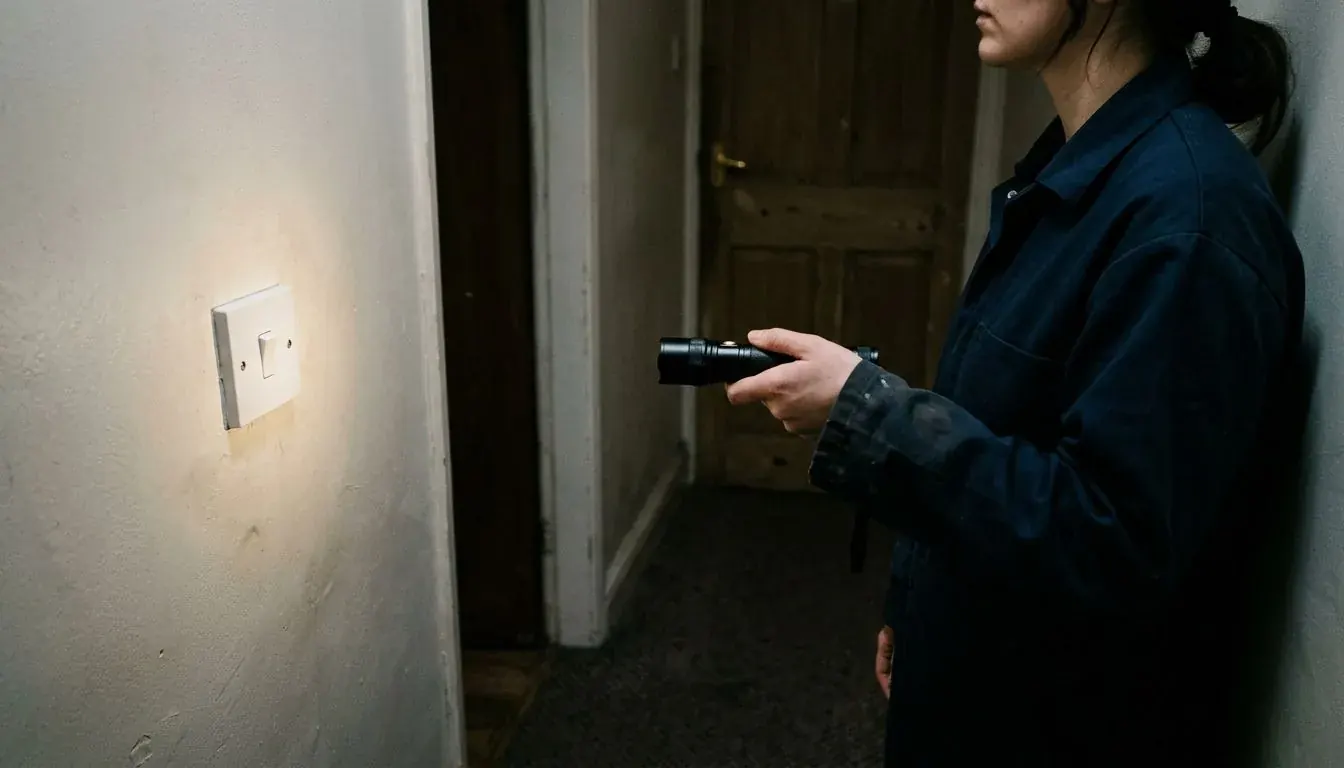 Person in dark overalls shining a torch towards a wall light switch in a dark hallway