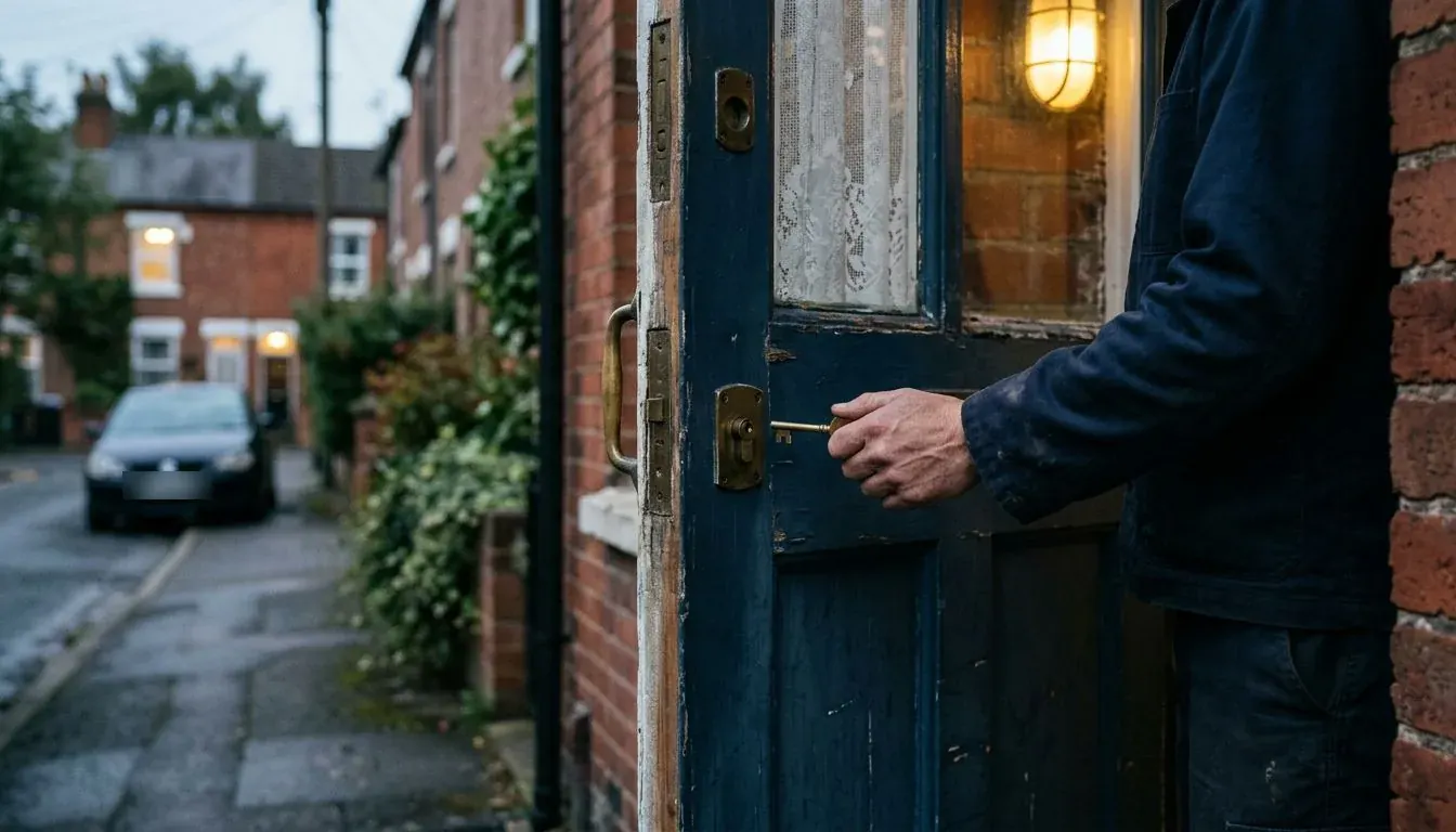 Hand putting a brass key into the lock of a dark blue front door at dusk with the porch light on
