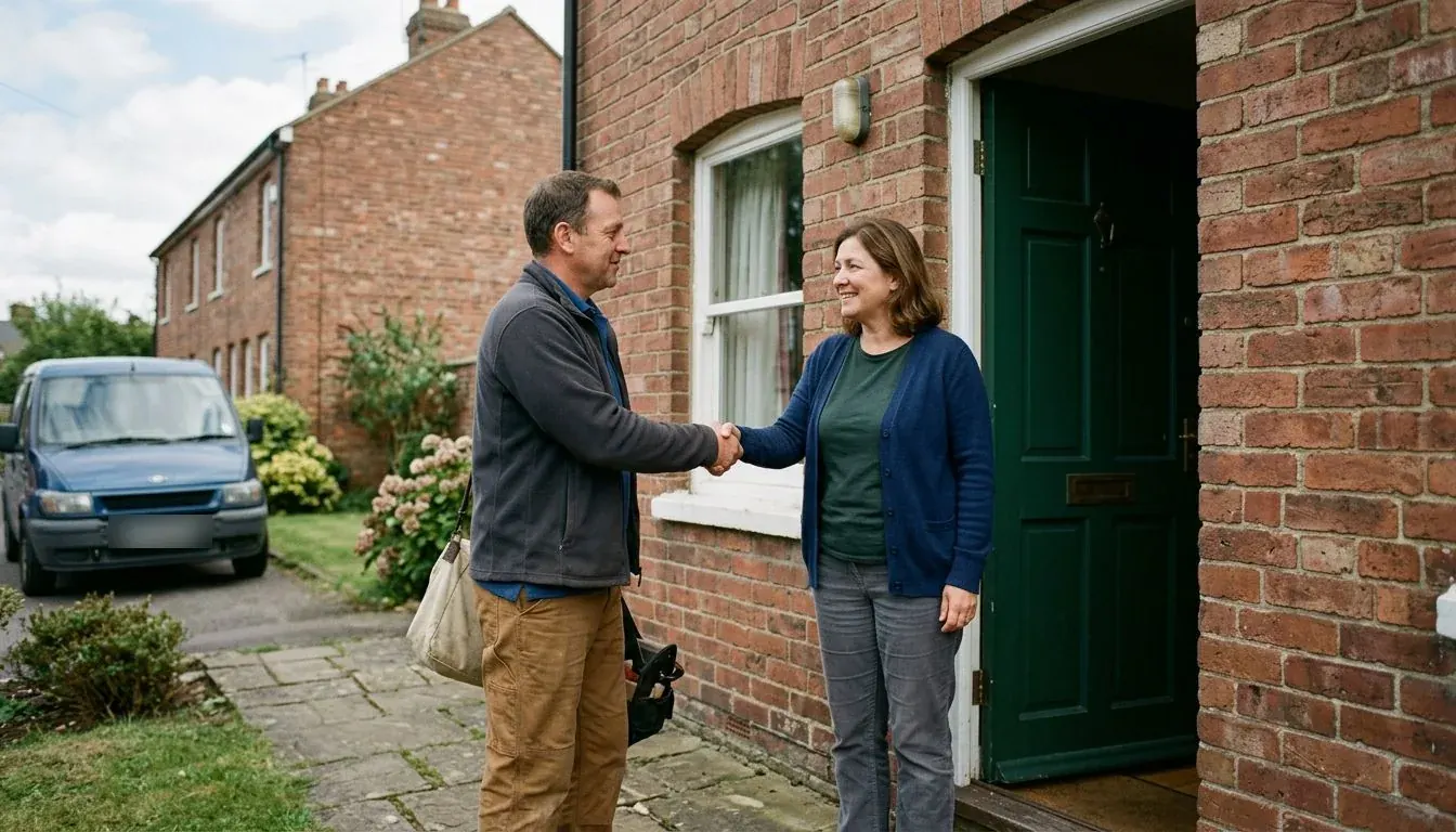 A homeowner and a tradesperson shaking hands at the front door of a brick house