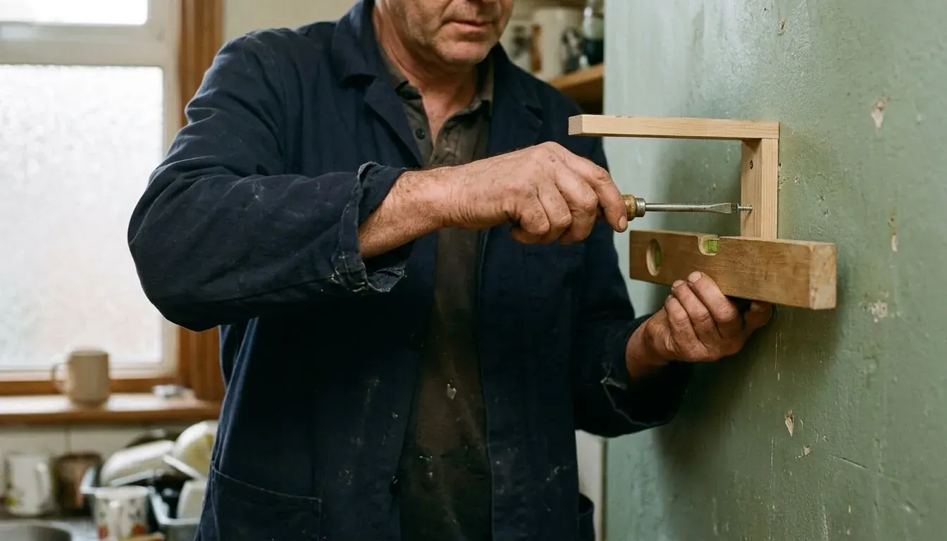 Handyman holding a wooden shelf bracket against a painted wall with a spirit level and screwdriver