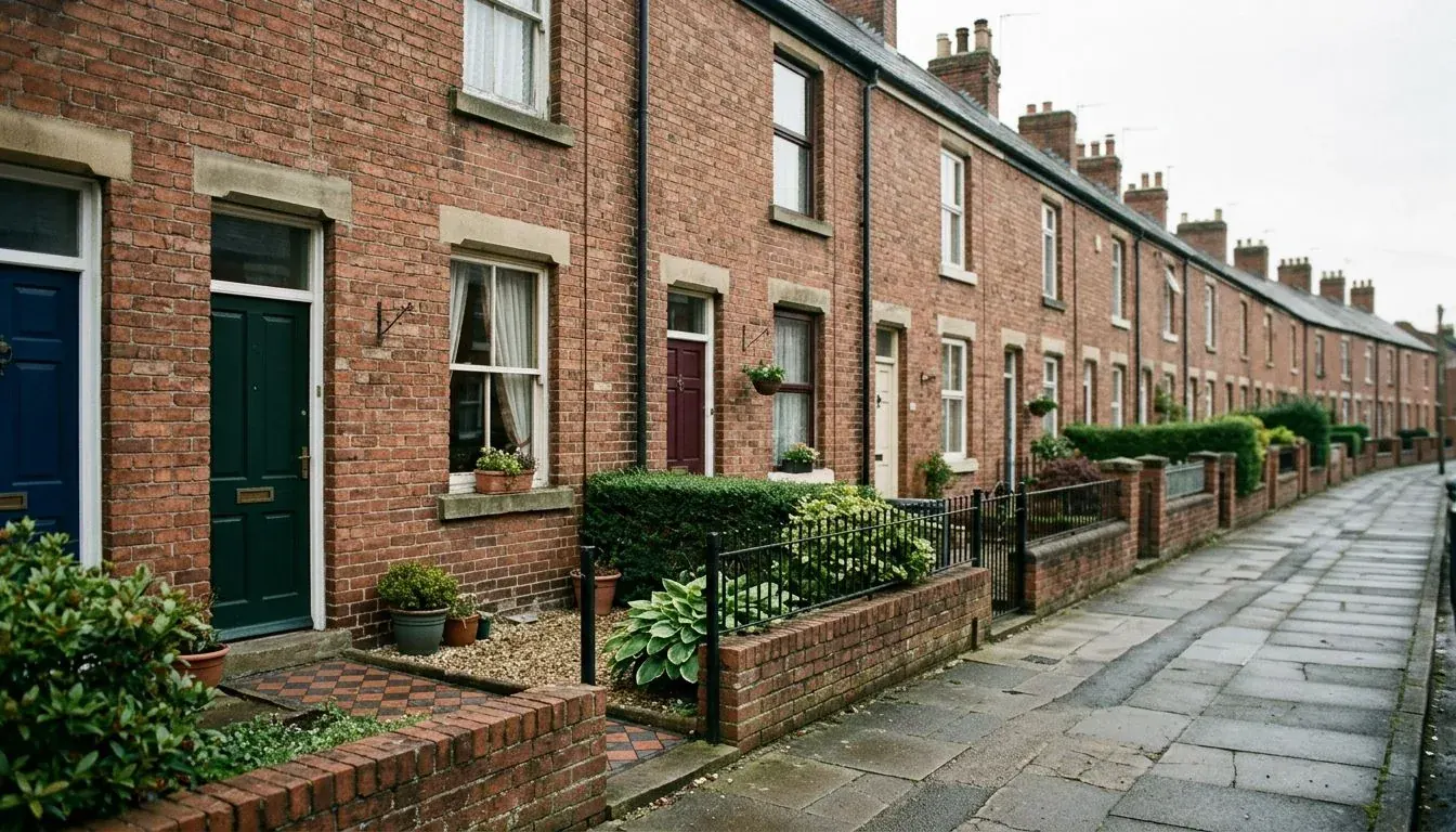 Row of red-brick terraced houses with front gardens along a quiet residential street in soft morning light