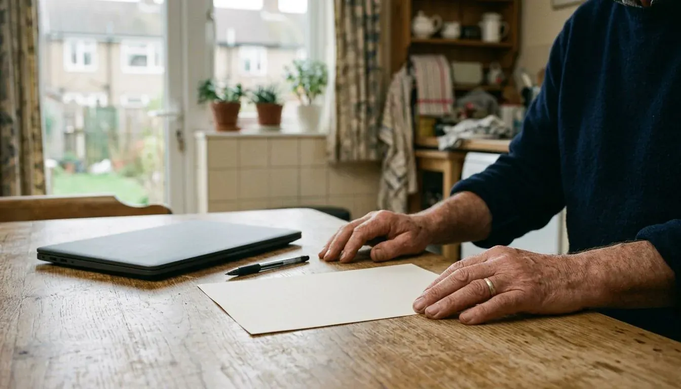 Homeowner at a wooden kitchen table with a blank sheet of paper, a pen and a closed laptop