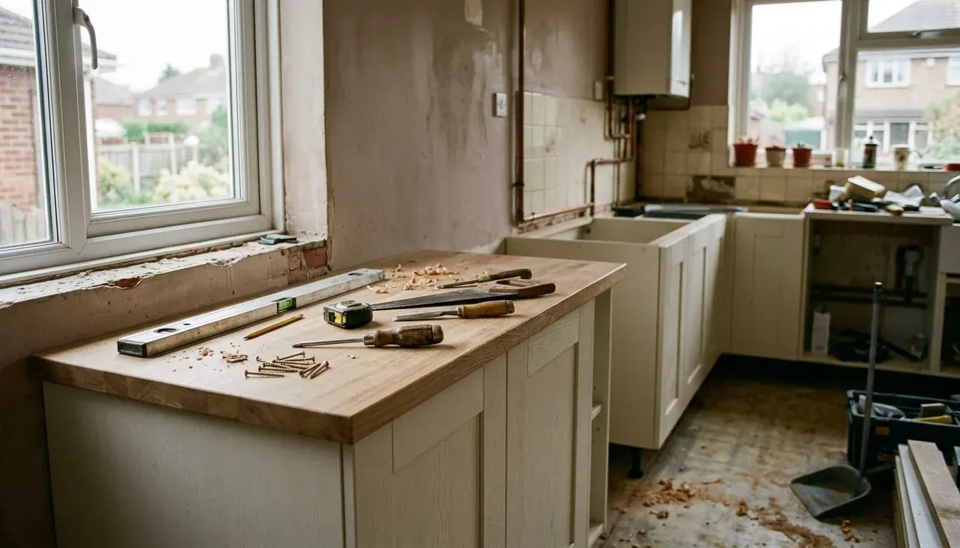 Kitchen base units with a wooden worktop being fitted, with a spirit level, tape measure and hand tools resting on it