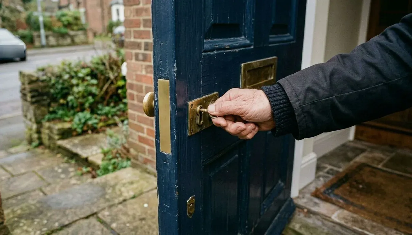 Hand turning a brass key in the lock of a dark blue front door