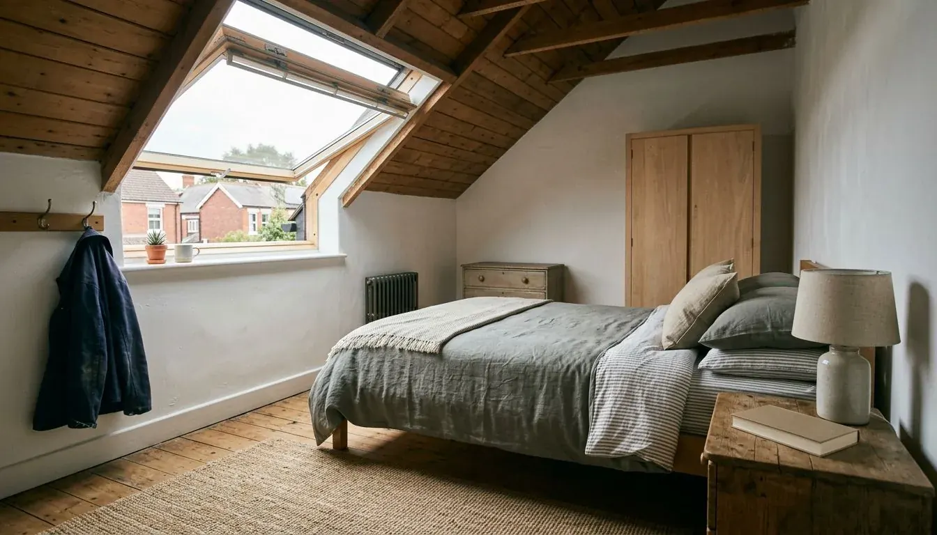 Converted loft bedroom with a sloping timber ceiling, a roof window and a made bed