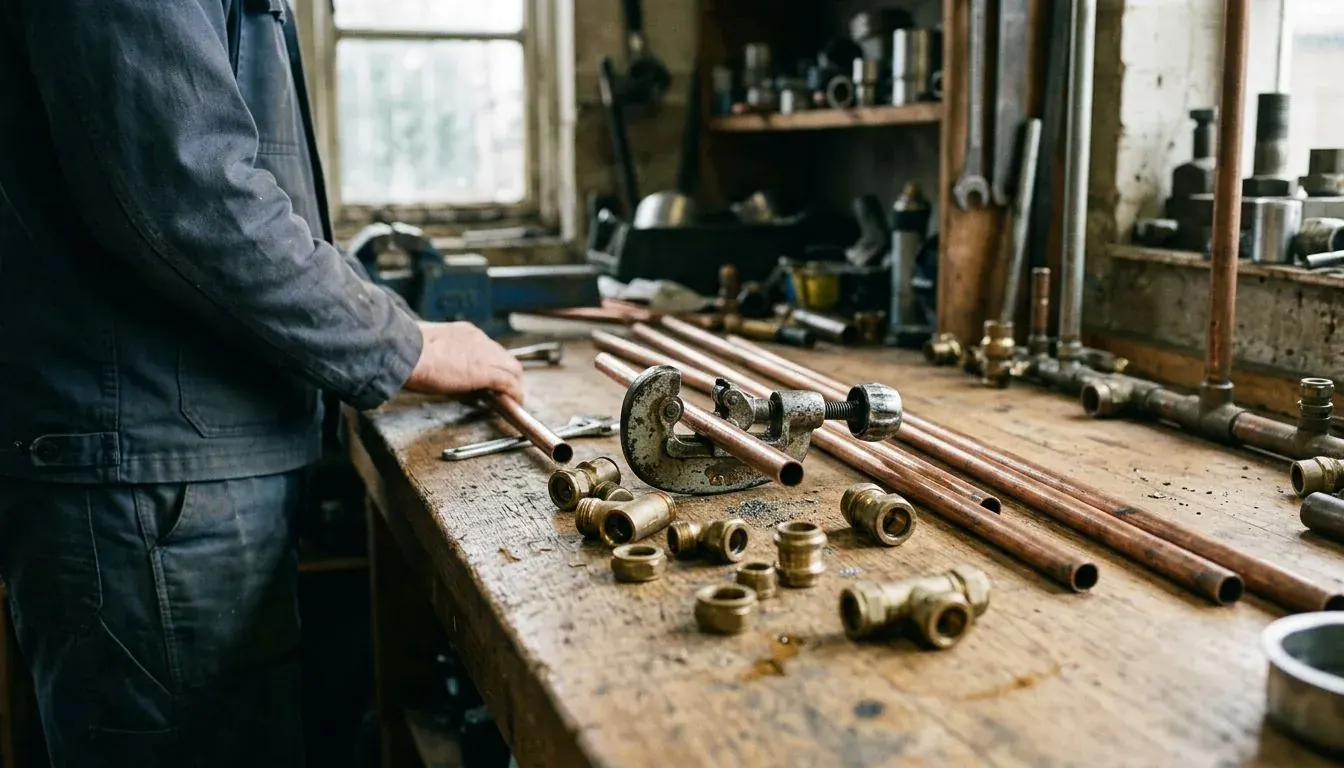 Copper pipes, brass fittings and a pipe cutter laid out on a wooden workbench