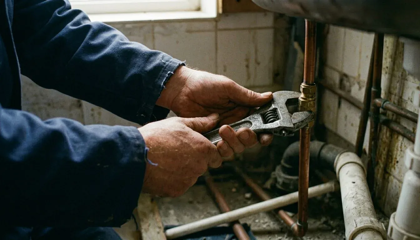 Plumber's hands using an adjustable spanner on a copper pipe joint under a sink