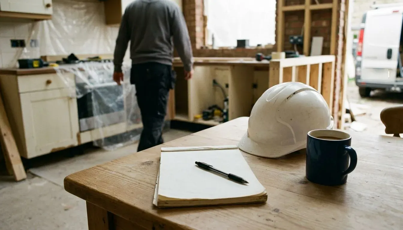 Blank notepad, pen, white hard hat and mug on a table with kitchen extension building work behind