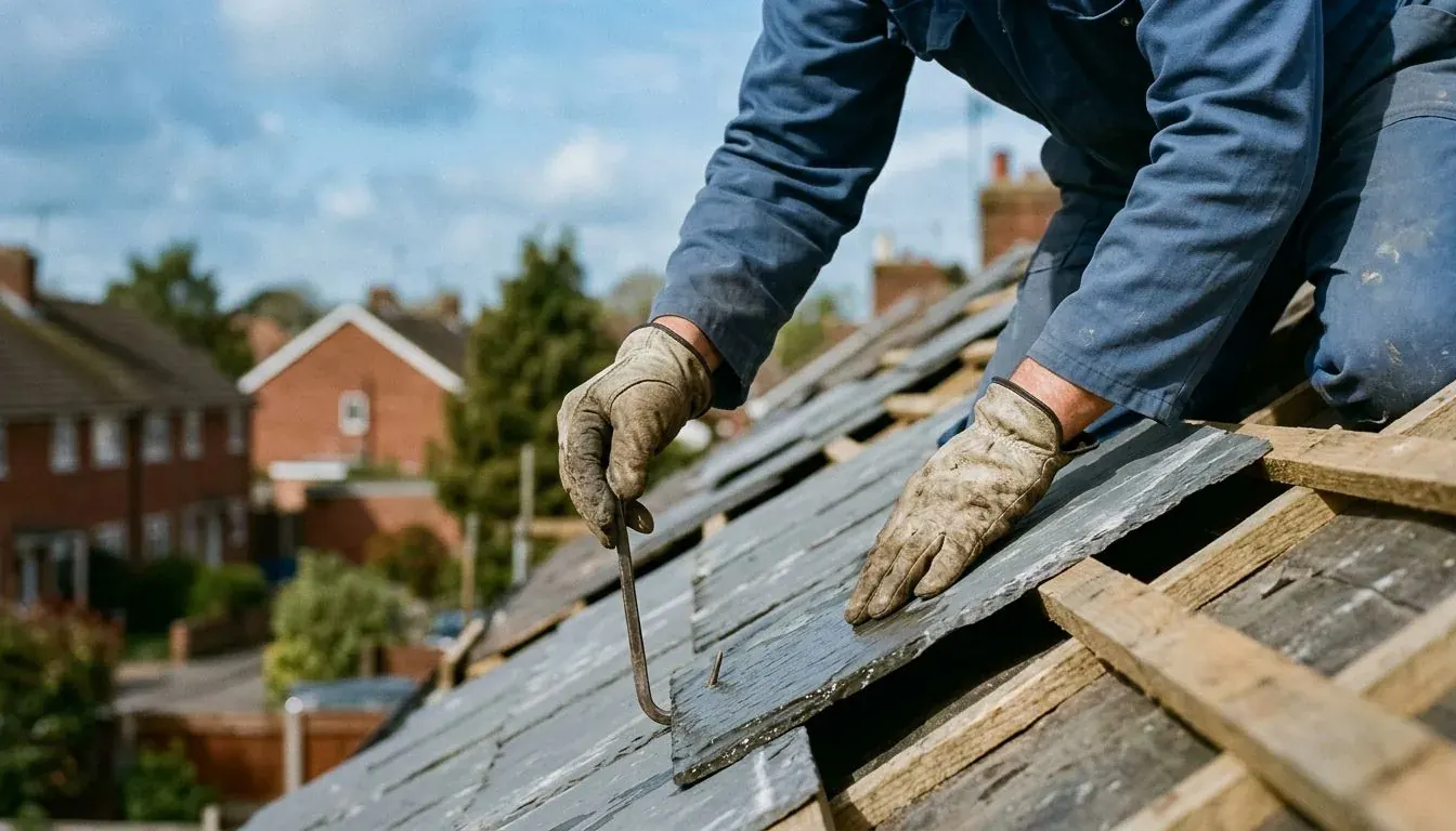 Roofer in work gloves lifting a grey slate on a pitched roof above a street of houses