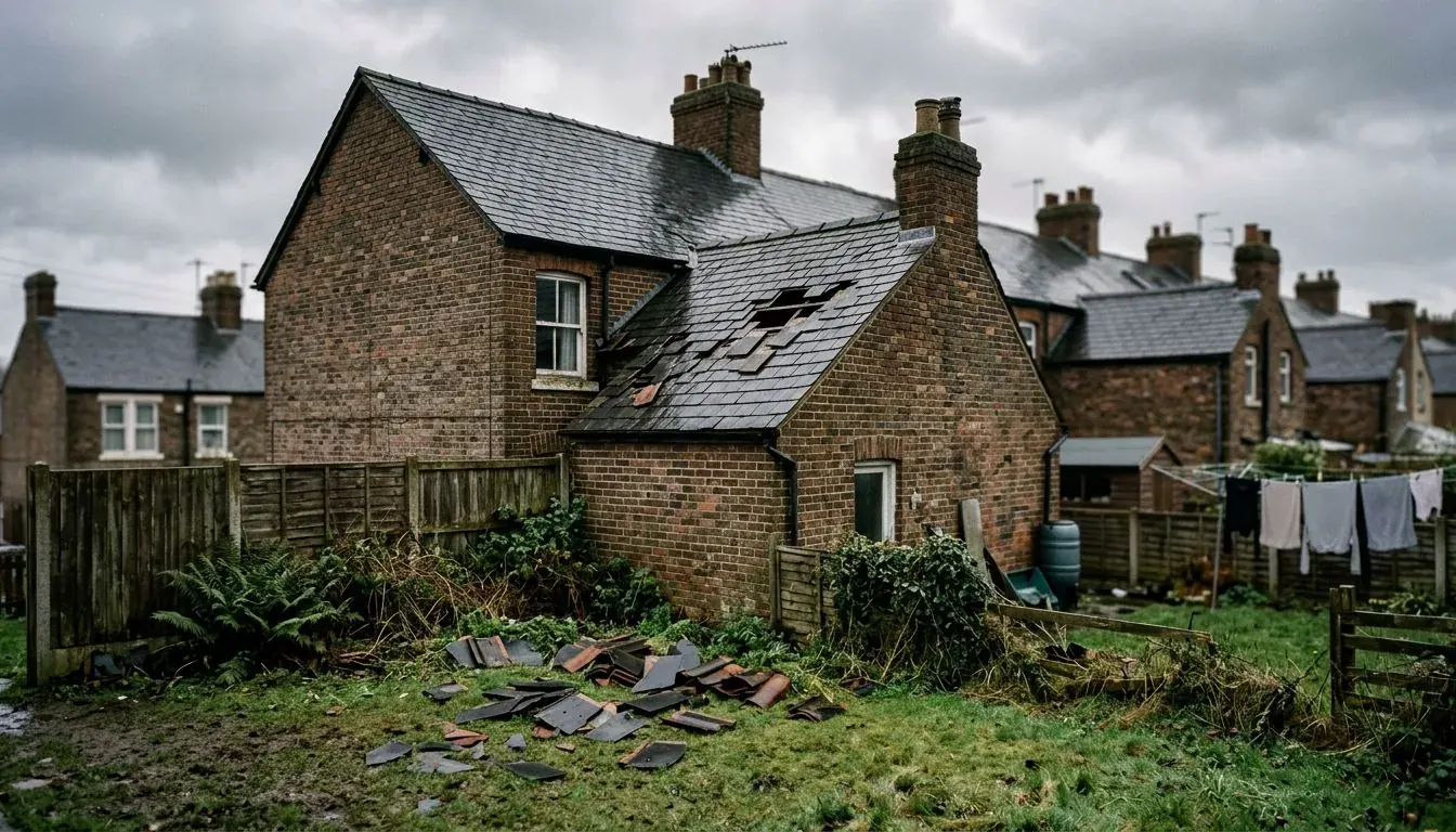 Brick house roof with slipped slates and tiles lying on the lawn under a stormy grey sky