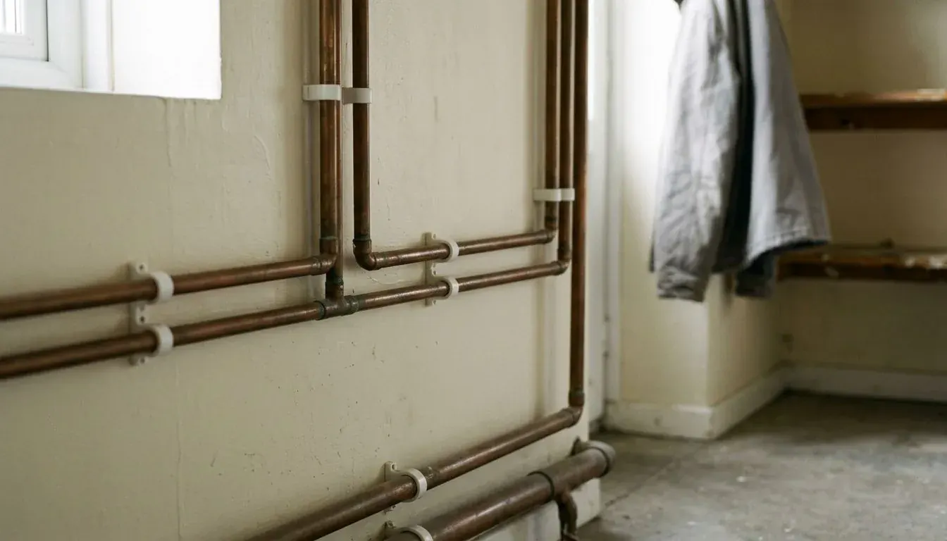 Neat copper pipework held with white clips on a utility room wall
